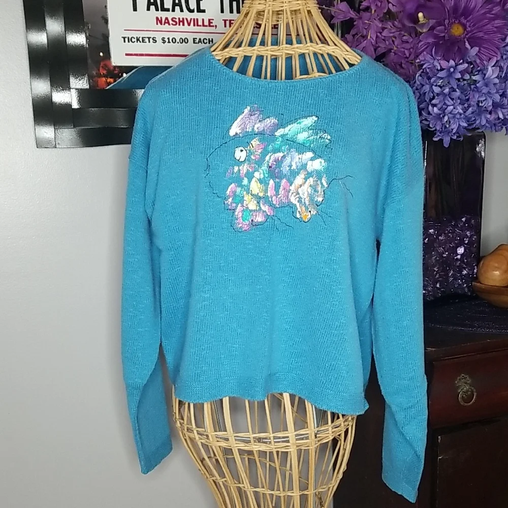 Large Aqua Blue Handpainted Fish Long Sleeve Light Knit Cotton Sweater - Picture 1 of 9